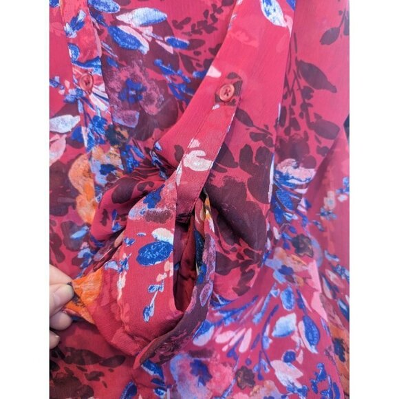 Kut From The Kloth Red Floral Sheer Button Up Women's MP - Picture 5 of 6